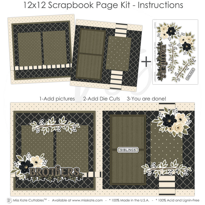 Finished Brothers photo layout showing berry sprigs, leafy floral borders, brothers title die cut, siblings label die cut, black diamond lattice pattern, cream polka dot border, olive polka dot paper, black cream stripe accents. Designed for Brother Photo Album Pages, Family Brothers Memory Keeping, olive tone photo mats, layered floral corners, neutral masculine palette, botanical sibling theme, black cream floral clusters, olive green leaves, cream roses, black flowers.