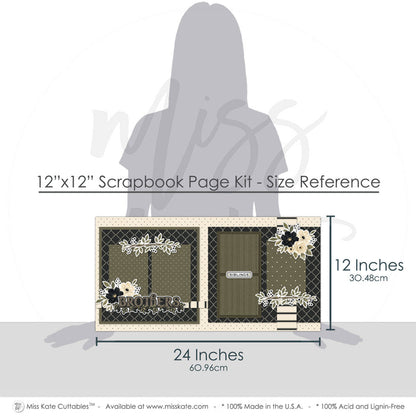 Coordinating Brothers papers and die cuts featuring brothers title die cut, siblings label die cut, black diamond lattice pattern, cream polka dot border, olive polka dot paper, black cream stripe accents, olive tone photo mats, layered floral corners. Designed for Brother Relationship Scrapbook Pages, Siblings Family Photo Layout, neutral masculine palette, botanical sibling theme, black cream floral clusters, olive green leaves, cream roses, black flowers, berry sprigs, leafy floral borders.