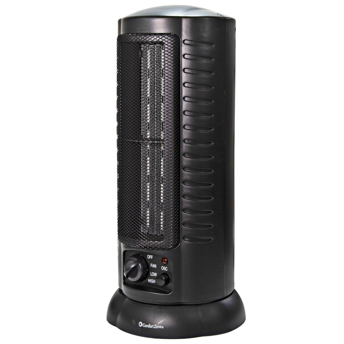 Comfort Zone  1500 Watt Mini Oscillating Ceramic Tower Heater, Black