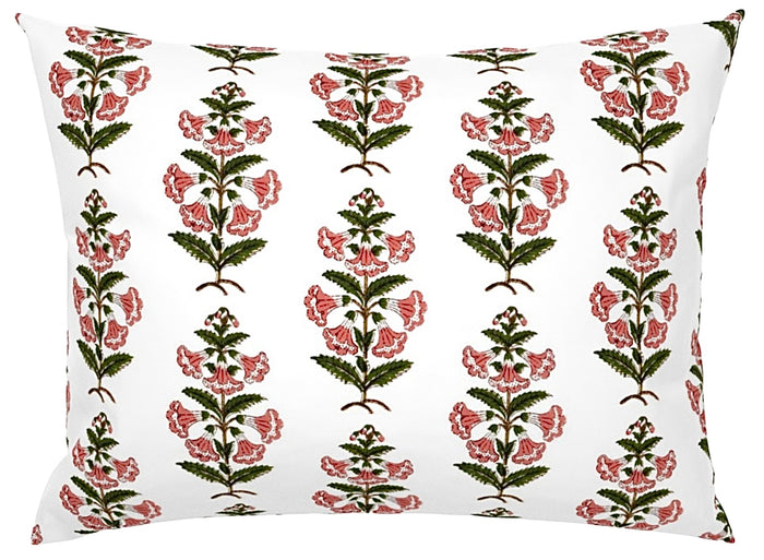 Coral Pink and Dark Green Petunia Block Printed Canvas Pillow Cover: Available in 10 Sizes - Annabel Bleu