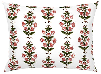 Coral Pink and Dark Green Petunia Block Printed Canvas Pillow Cover: Available in 10 Sizes - Annabel Bleu