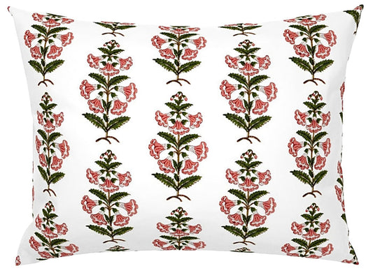 Coral Pink and Dark Green Petunia Block Printed Canvas Pillow Cover: Available in 10 Sizes - Annabel Bleu