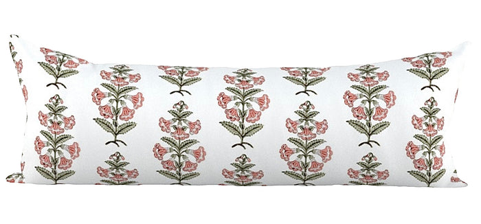 13x36 Extra Long Lumbar / Peachy Pink with Light Sage Leaves