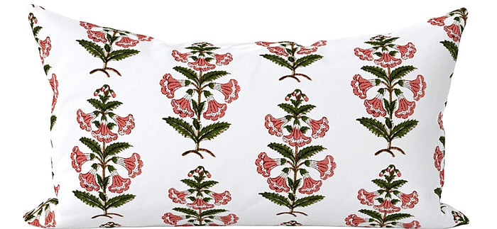 Coral Pink and Dark Green Petunia Block Printed Canvas Pillow Cover: Available in 10 Sizes - Annabel Bleu