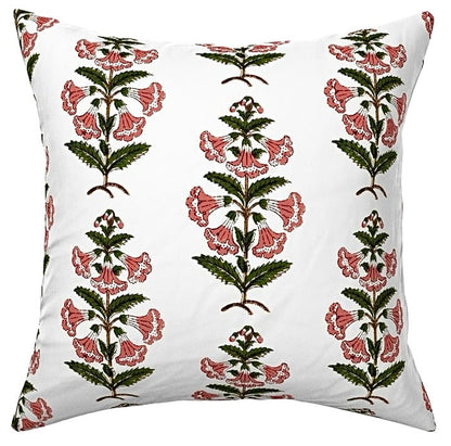 Coral Pink and Dark Green Petunia Block Printed Canvas Pillow Cover: Available in 10 Sizes - Annabel Bleu