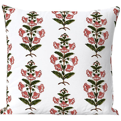 Coral Pink and Dark Green Petunia Block Printed Canvas Pillow Cover: Available in 10 Sizes - Annabel Bleu