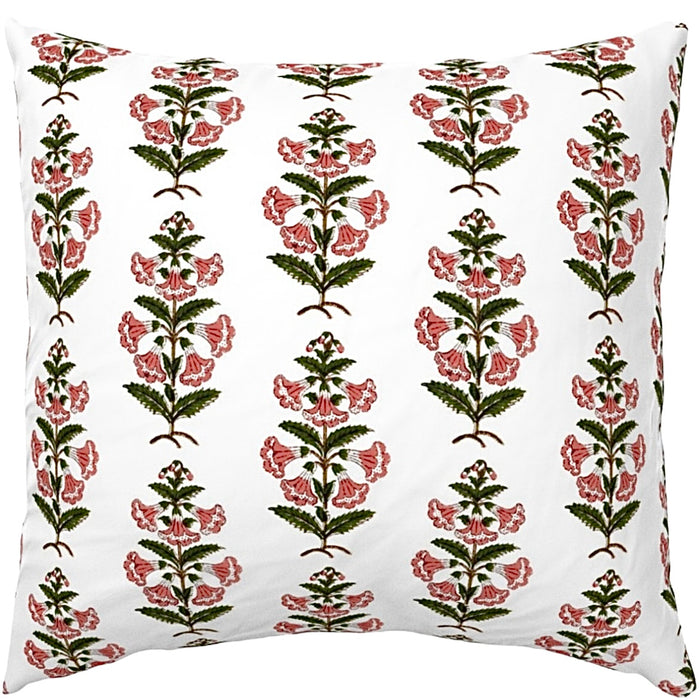 Coral Pink and Dark Green Petunia Block Printed Canvas Pillow Cover: Available in 10 Sizes - Annabel Bleu