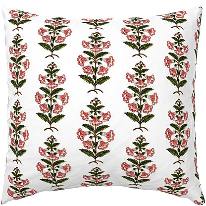 Coral Pink and Dark Green Petunia Block Printed Canvas Pillow Cover: Available in 10 Sizes - Annabel Bleu