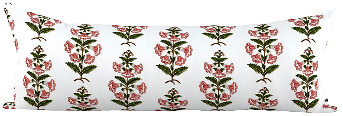 Coral Pink and Dark Green Petunia Block Printed Canvas Pillow Cover: Available in 10 Sizes - Annabel Bleu
