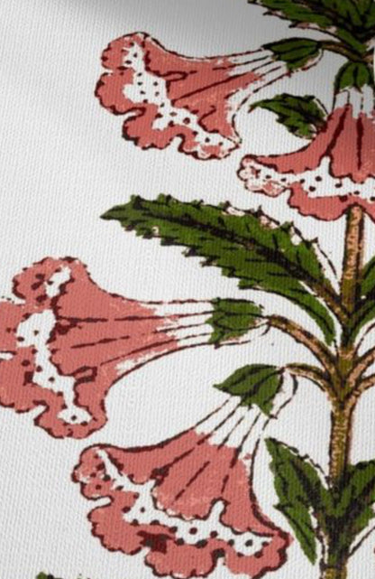 Coral Pink and Dark Green Petunia Block Printed Canvas Pillow Cover: Available in 10 Sizes - Annabel Bleu