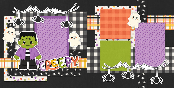 Two-page Creepy scrapbook layout featuring black textured background, black and white gingham, purple polka dots, orange plaid paper, green cardstock, multicolor polka dots, tiny spider pattern, frankenstein monster. Designed for Cute Halloween Memories, Halloween Scrapbook Page Kit, white ghosts, black spiders, spider webs, creepy title, orange purple green palette, white outlined die cuts, layered halloween papers.