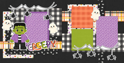 Two-page Creepy scrapbook layout featuring black textured background, black and white gingham, purple polka dots, orange plaid paper, green cardstock, multicolor polka dots, tiny spider pattern, frankenstein monster. Designed for Cute Halloween Memories, Halloween Scrapbook Page Kit, white ghosts, black spiders, spider webs, creepy title, orange purple green palette, white outlined die cuts, layered halloween papers.