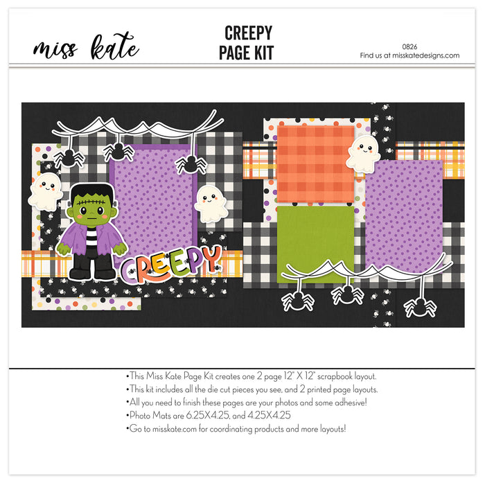Creepy 12x12 scrapbook page kit shown with black and white gingham, purple polka dots, orange plaid paper, green cardstock, multicolor polka dots, tiny spider pattern, frankenstein monster, white ghosts. Designed for Halloween Scrapbook Page Kit, Cute Halloween Scrapbook Kit, black spiders, spider webs, creepy title, orange purple green palette, white outlined die cuts, layered halloween papers, black textured background.