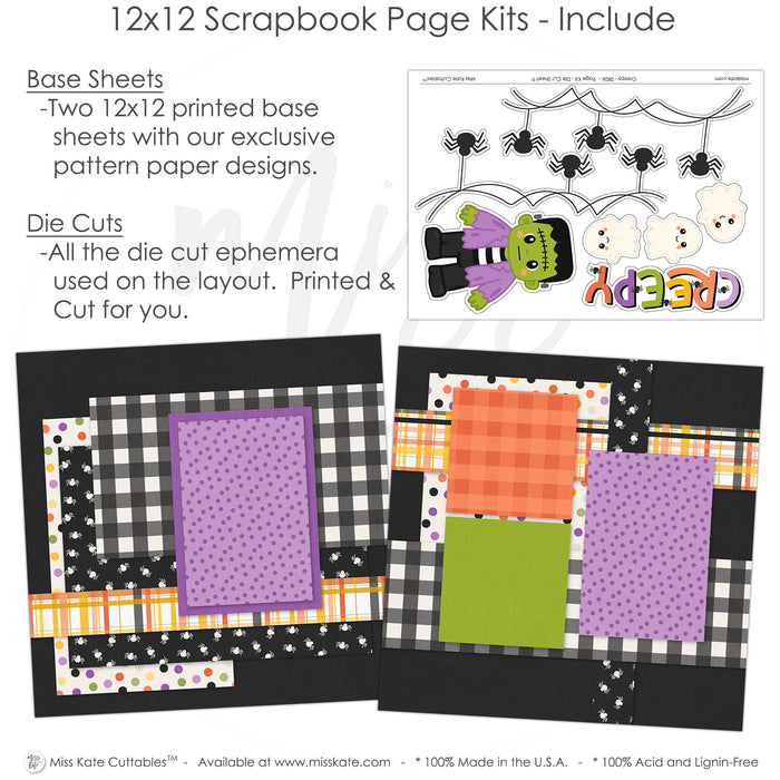 Detailed Creepy scrapbook design featuring orange plaid paper, green cardstock, multicolor polka dots, tiny spider pattern, frankenstein monster, white ghosts, black spiders, spider webs. Designed for Spooky Scrapbook Page Layout, Frankenstein Scrapbook Pages, creepy title, orange purple green palette, white outlined die cuts, layered halloween papers, black textured background, black and white gingham, purple polka dots.