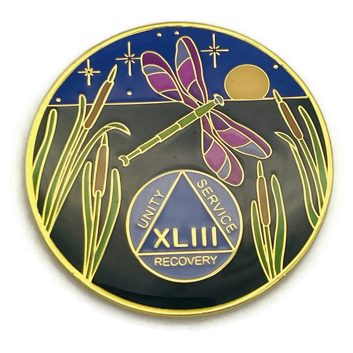 Dragonfly 9th Step 43 Year Specialty AA Recovery Medallion - Tri-Plated Forty-Three Year Chip/Coin