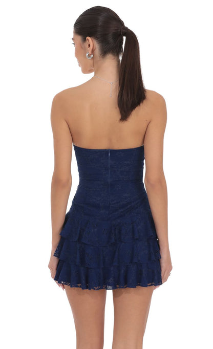 Lace Strapless Ruffle Dress in Navy