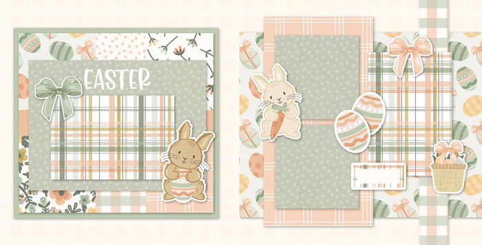 Easter scrapbook page kit — coordinated background patterns and journaling spots, holiday scrapbook, precut designs for memory journaling, spring page kit, easter album, bunny layout, handmade elements for DIY photo albums, 12x12 layout, spring scrapbook, easter craft kit, easter layout, plaid paper, scrapbooking ephemera and cardstock cutouts, pastel layout, creative accents for scrapbook storytelling, layered die cut titles for themed layouts
