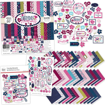Everyday Moments Collection, main product image, showing coordinated Paper & Sticker Kit, full-size Die Cuts, and Sticker Sheet for scrapbook layouts, memory albums, cards, journals, and keepsakes. Buyer theme: Coordinated Family Scrapbook Collection. Everyday Moments coordinated scrapbook collection with paper, stickers and die cuts for family stories, friendship photos and everyday memory keeping. Coordinating patterns include Navy and berry floral prints, Polka dots, Diagonal pinstripes