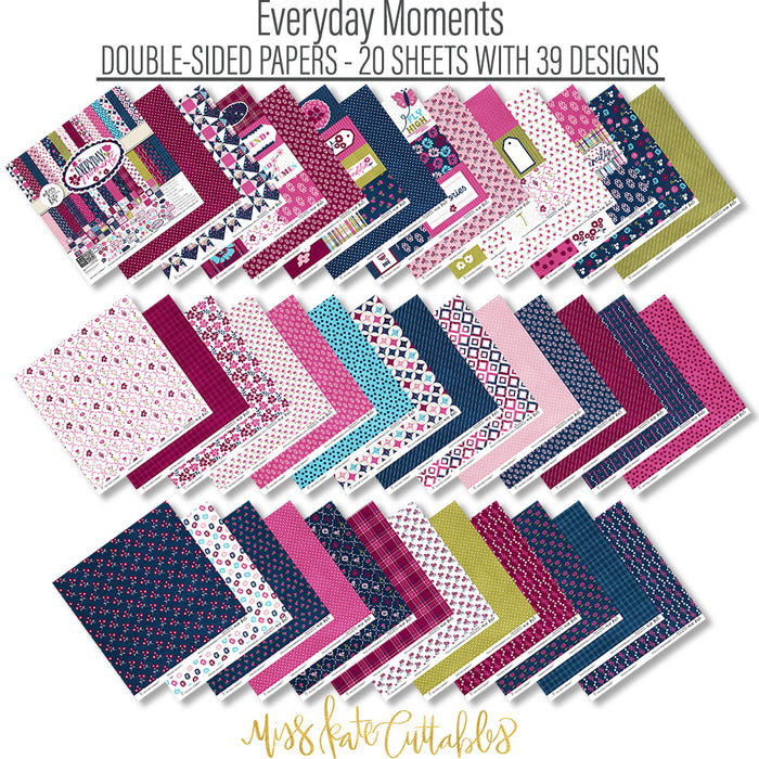 Everyday Moments Paper & Sticker Kit, paper and sticker kit spread out image, showing 12x12 scrapbook paper and coordinating stickers for scrapbook layouts, photo albums, memory keeping, cards, and paper crafts. Buyer theme: Family & Everyday Scrapbook Paper & Sticker Kit. Everyday Moments Paper & Sticker Kit with floral family and friendship papers, journaling cards, meaningful memory phrases and coordinating stickers. Designed for Card making, Mini albums, Junk journals