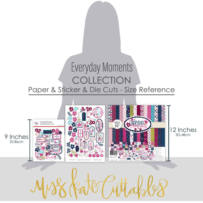Everyday Moments Collection, size guide image, showing coordinated Paper & Sticker Kit, full-size Die Cuts, and Sticker Sheet for scrapbook layouts, memory albums, cards, journals, and keepsakes. Buyer theme: Coordinated Family Scrapbook Collection. Everyday Moments coordinated scrapbook collection with paper, stickers and die cuts for family stories, friendship photos and everyday memory keeping. Designed for Card making, Mini albums, Junk journals