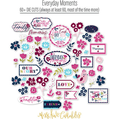 Everyday Moments Die Cuts, die cuts spread out image, showing pre-cut scrapbook embellishments for layouts, handmade cards, journals, mini albums, memory pages, and layered paper crafts. Buyer theme: Family Floral Die Cuts & Memory Embellishments. Everyday Moments Die Cuts with family, memory, gratitude and friendship titles plus flowers, tulips, leaves, tags, labels, frames and a bird. Coordinating patterns include Plaids and tartans, Geometric quilt patterns, Floral medallion trellis