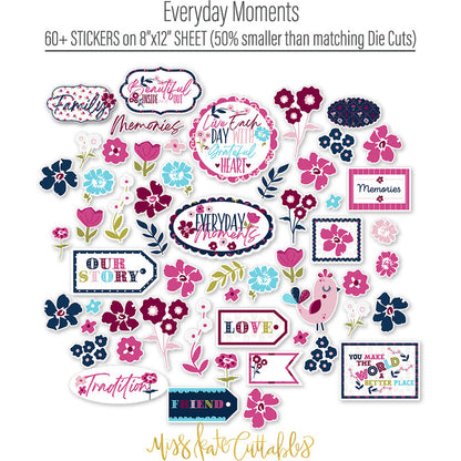 Everyday Moments Stickers, alternate sticker sheet spread out image, showing coordinating scrapbook stickers for layouts, planners, journals, cards, memory albums, titles, and quick finishing details. Buyer theme: Floral Scrapbook Stickers for Journals & Planners. Everyday Moments Sticker Sheet with scaled floral, family, gratitude, friendship and memory artwork for scrapbook pages, planners, journals and cards. Designed for Gratitude journals, Card making, Mini albums