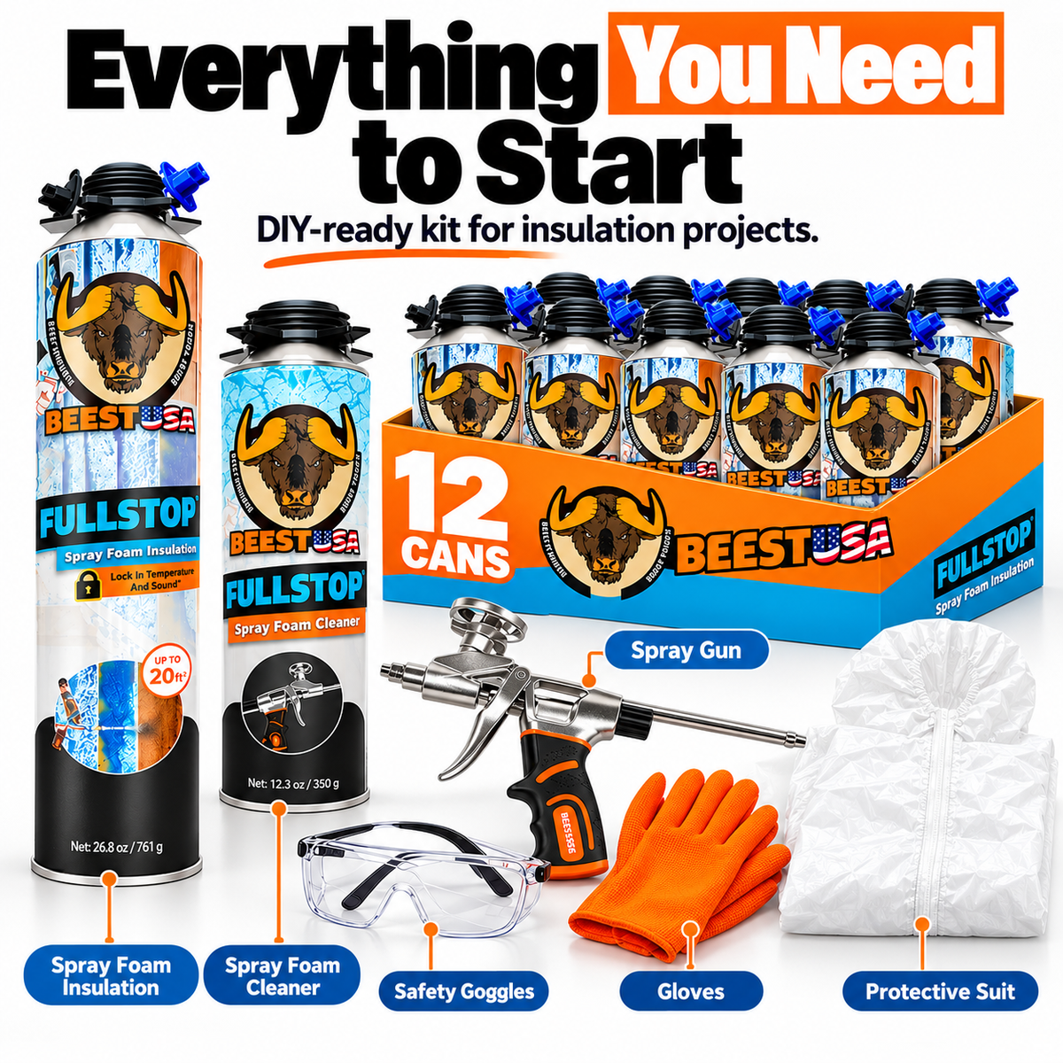 BEEST FullStop™ Spray Foam Insulation Kit – High R-Value, Air Sealing & Sound Control for Walls, Attics & Garages