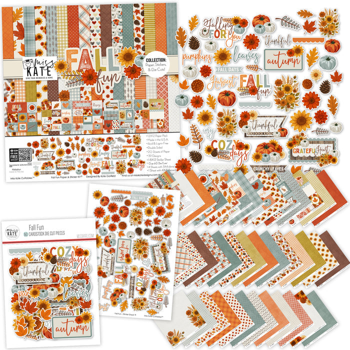 Fall Fun Collection, main product image, showing coordinated Paper & Sticker Kit, full-size Die Cuts, and Sticker Sheet for scrapbook layouts, memory albums, cards, journals, and keepsakes. Buyer theme: Coordinated Autumn Scrapbook & Paper Craft Collection. Fall Fun coordinated scrapbook collection with paper, stickers and die cuts for autumn photos, harvest stories and thankful memories. Coordinating patterns include Orange and aqua autumn plaid, Fall gingham checks, Pumpkin and leaf tosses