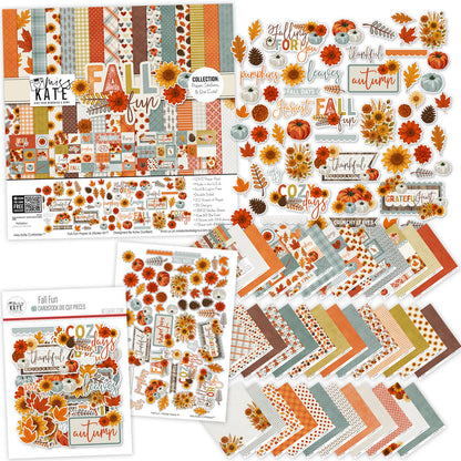 Fall Fun Collection, main product image, showing coordinated Paper & Sticker Kit, full-size Die Cuts, and Sticker Sheet for scrapbook layouts, memory albums, cards, journals, and keepsakes. Buyer theme: Coordinated Autumn Scrapbook & Paper Craft Collection. Fall Fun coordinated scrapbook collection with paper, stickers and die cuts for autumn photos, harvest stories and thankful memories. Coordinating patterns include Orange and aqua autumn plaid, Fall gingham checks, Pumpkin and leaf tosses