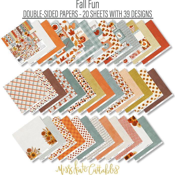 Fall Fun Paper & Sticker Kit, paper and sticker kit spread out image, showing 12x12 scrapbook paper and coordinating stickers for scrapbook layouts, photo albums, memory keeping, cards, and paper crafts. Buyer theme: Fall & Autumn 12x12 Scrapbook Paper & Sticker Kit. Fall Fun Paper & Sticker Kit with pumpkins, sunflowers, leaves, pinecones, grateful titles, journaling cards and coordinating autumn patterns. Designed for Mini albums, Junk journals, Gratitude journals