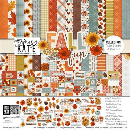 Fall Fun Collection, collection product image, showing coordinated Paper & Sticker Kit, full-size Die Cuts, and Sticker Sheet for scrapbook layouts, memory albums, cards, journals, and keepsakes. Buyer theme: Coordinated Autumn Scrapbook & Paper Craft Collection. Fall Fun coordinated scrapbook collection with paper, stickers and die cuts for autumn photos, harvest stories and thankful memories. Color palette includes Dusty aqua and blue gray, Warm cream and soft gray, Cocoa and espresso brown