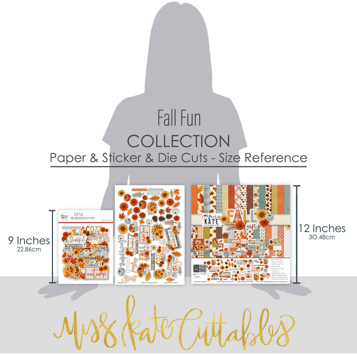 Fall Fun Collection, size guide image, showing coordinated Paper & Sticker Kit, full-size Die Cuts, and Sticker Sheet for scrapbook layouts, memory albums, cards, journals, and keepsakes. Buyer theme: Coordinated Autumn Scrapbook & Paper Craft Collection. Fall Fun coordinated scrapbook collection with paper, stickers and die cuts for autumn photos, harvest stories and thankful memories. Color palette includes Cocoa and espresso brown, Pumpkin orange and deep rust, Harvest gold and mustard