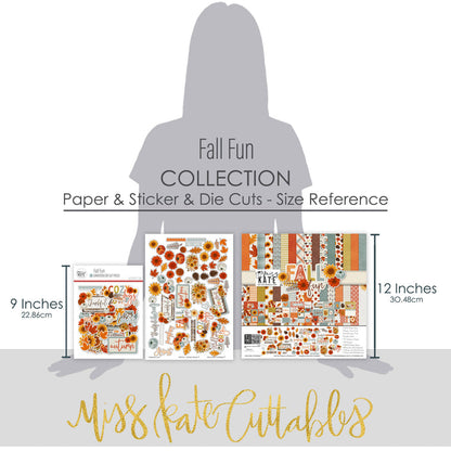 Fall Fun Collection, size guide image, showing coordinated Paper & Sticker Kit, full-size Die Cuts, and Sticker Sheet for scrapbook layouts, memory albums, cards, journals, and keepsakes. Buyer theme: Coordinated Autumn Scrapbook & Paper Craft Collection. Fall Fun coordinated scrapbook collection with paper, stickers and die cuts for autumn photos, harvest stories and thankful memories. Color palette includes Cocoa and espresso brown, Pumpkin orange and deep rust, Harvest gold and mustard