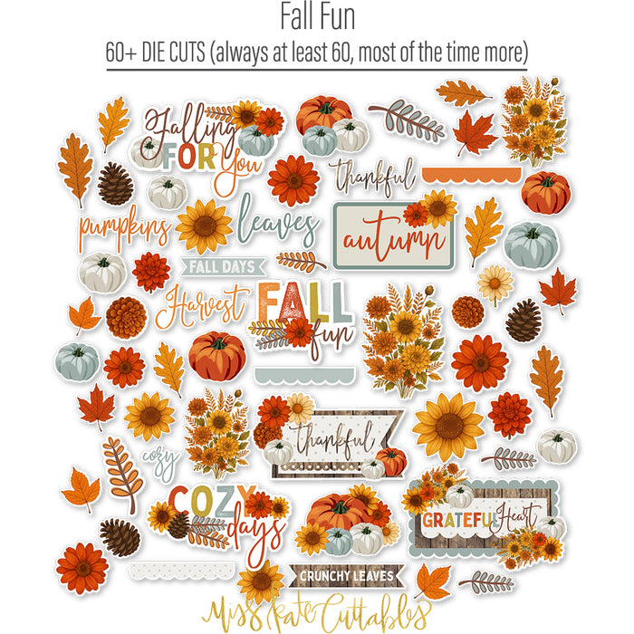 Fall Fun Die Cuts, die cuts spread out image, showing pre-cut scrapbook embellishments for layouts, handmade cards, journals, mini albums, memory pages, and layered paper crafts. Buyer theme: Autumn Scrapbook Die Cuts & Harvest Embellishments. Fall Fun Die Cuts with pumpkins, sunflowers, mums, leaves, pinecones, sprigs, bouquets and autumn title pieces for layered paper projects. Coordinating patterns include Sunflower floral prints, Polka dots and horizontal stripes, Autumn heart pattern