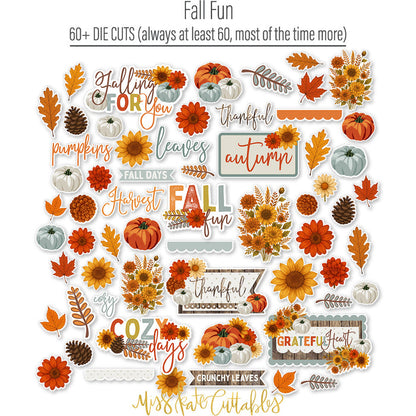 Fall Fun Die Cuts, die cuts spread out image, showing pre-cut scrapbook embellishments for layouts, handmade cards, journals, mini albums, memory pages, and layered paper crafts. Buyer theme: Autumn Scrapbook Die Cuts & Harvest Embellishments. Fall Fun Die Cuts with pumpkins, sunflowers, mums, leaves, pinecones, sprigs, bouquets and autumn title pieces for layered paper projects. Coordinating patterns include Sunflower floral prints, Polka dots and horizontal stripes, Autumn heart pattern