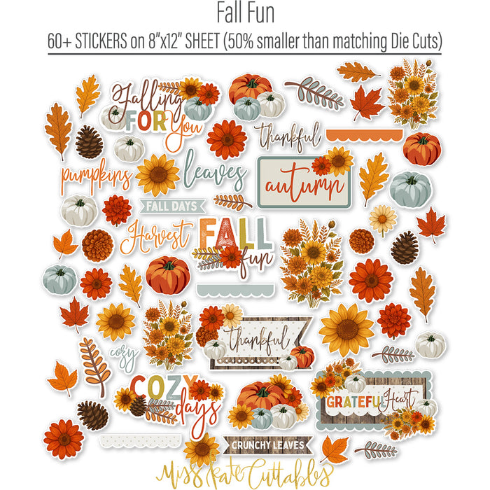 Fall Fun Stickers, alternate sticker sheet spread out image, showing coordinating scrapbook stickers for layouts, planners, journals, cards, memory albums, titles, and quick finishing details. Buyer theme: Fall Scrapbook Stickers & Gratitude Journal Accents. Fall Fun Sticker Sheet with scaled pumpkins, flowers, leaves, pinecones, sprigs and fall title artwork for scrapbook pages, planners and journals. Designed for Autumn card making, Mini albums, Junk journals