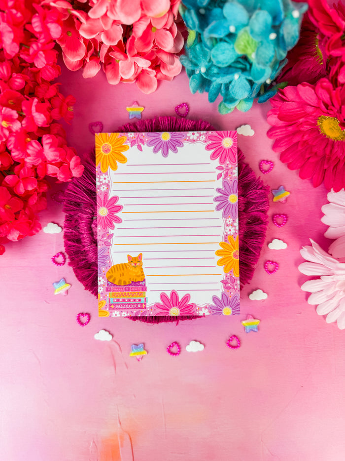 Floral Book Stack Kitty Notepad 4.25" x 5.5"