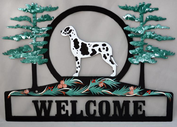Hand Painted Great Dane Welcome Sign - Harlequin