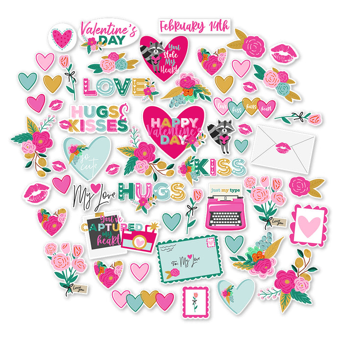 Happy Valentines Day Die Cuts, main product image, showing pre-cut scrapbook embellishments for layouts, handmade cards, journals, mini albums, memory pages, and layered paper crafts. Buyer theme: Valentine Die Cuts & Scrapbook Ephemera. Happy Valentines Day die cuts with hearts, florals, love notes, raccoons, kisses, typewriter, camera and romantic phrases. Color palette includes Hot pink, blush pink, aqua, emerald teal, mustard gold, charcoal black and white