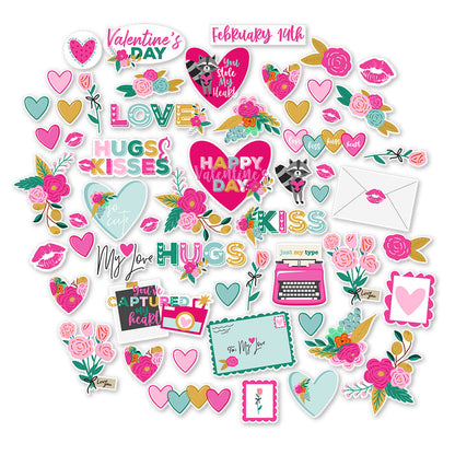 Happy Valentines Day Die Cuts, main product image, showing pre-cut scrapbook embellishments for layouts, handmade cards, journals, mini albums, memory pages, and layered paper crafts. Buyer theme: Valentine Die Cuts & Scrapbook Ephemera. Happy Valentines Day die cuts with hearts, florals, love notes, raccoons, kisses, typewriter, camera and romantic phrases. Color palette includes Hot pink, blush pink, aqua, emerald teal, mustard gold, charcoal black and white