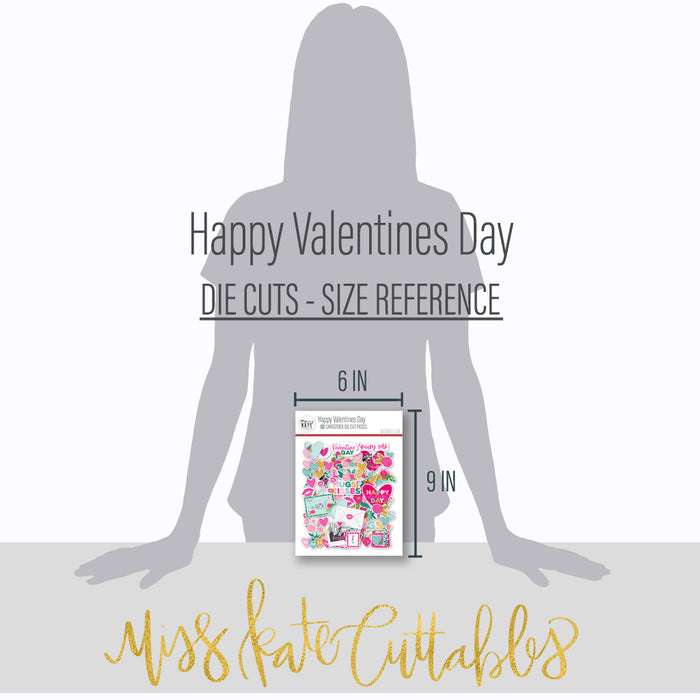 Happy Valentines Day Die Cuts, size guide image, showing pre-cut scrapbook embellishments for layouts, handmade cards, journals, mini albums, memory pages, and layered paper crafts. Buyer theme: Valentine Die Cuts & Scrapbook Ephemera. Happy Valentines Day die cuts with hearts, florals, love notes, raccoons, kisses, typewriter, camera and romantic phrases. Color palette includes Hot pink, blush pink, aqua, emerald teal, mustard gold, charcoal black and white