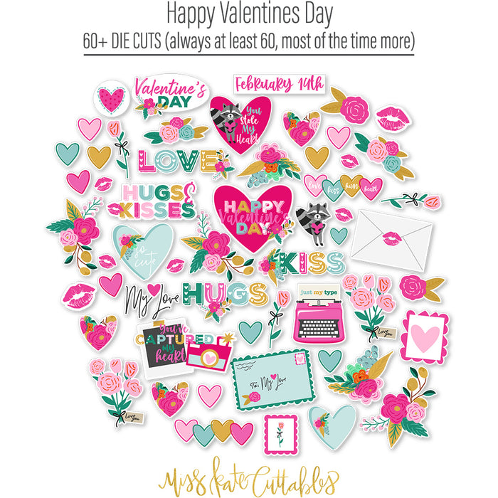 Happy Valentines Day Die Cuts, die cuts spread out image, showing pre-cut scrapbook embellishments for layouts, handmade cards, journals, mini albums, memory pages, and layered paper crafts. Buyer theme: Valentine Die Cuts & Scrapbook Ephemera. Happy Valentines Day die cuts with hearts, florals, love notes, raccoons, kisses, typewriter, camera and romantic phrases. Color palette includes Hot pink, blush pink, aqua, emerald teal, mustard gold, charcoal black and white