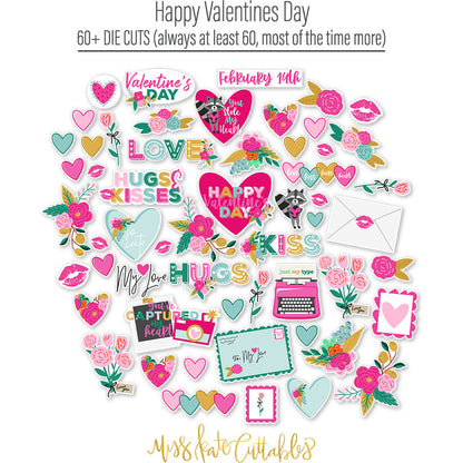 Happy Valentines Day Die Cuts, die cuts spread out image, showing pre-cut scrapbook embellishments for layouts, handmade cards, journals, mini albums, memory pages, and layered paper crafts. Buyer theme: Valentine Die Cuts & Scrapbook Ephemera. Happy Valentines Day die cuts with hearts, florals, love notes, raccoons, kisses, typewriter, camera and romantic phrases. Color palette includes Hot pink, blush pink, aqua, emerald teal, mustard gold, charcoal black and white