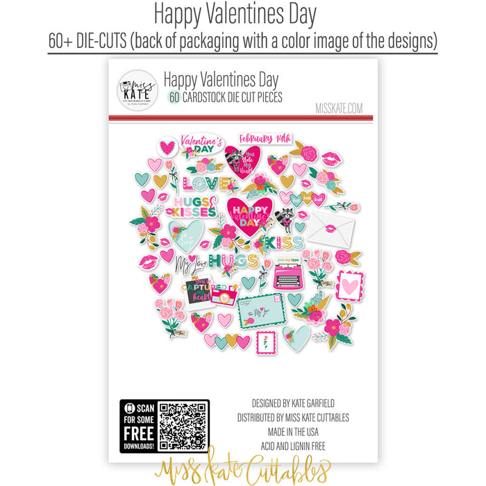 Happy Valentines Day Die Cuts, back packaging image, showing pre-cut scrapbook embellishments for layouts, handmade cards, journals, mini albums, memory pages, and layered paper crafts. Buyer theme: Valentine Die Cuts & Scrapbook Ephemera. Happy Valentines Day die cuts with hearts, florals, love notes, raccoons, kisses, typewriter, camera and romantic phrases. Color palette includes Hot pink, blush pink, aqua, emerald teal, mustard gold, charcoal black and white