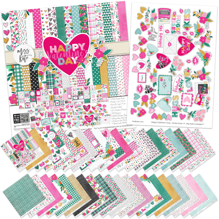 Happy Valentines Day Paper & Sticker Kit, main product image, showing 12x12 scrapbook paper and coordinating stickers for scrapbook layouts, photo albums, memory keeping, cards, and paper crafts. Buyer theme: Valentine 12x12 Scrapbook Paper & Stickers. 12x12 Happy Valentines Day Paper & Sticker Kit with romantic patterned papers, element cards and coordinating Valentine stickers. Color palette includes Hot pink, blush pink, aqua, emerald teal, mustard gold, charcoal black and white