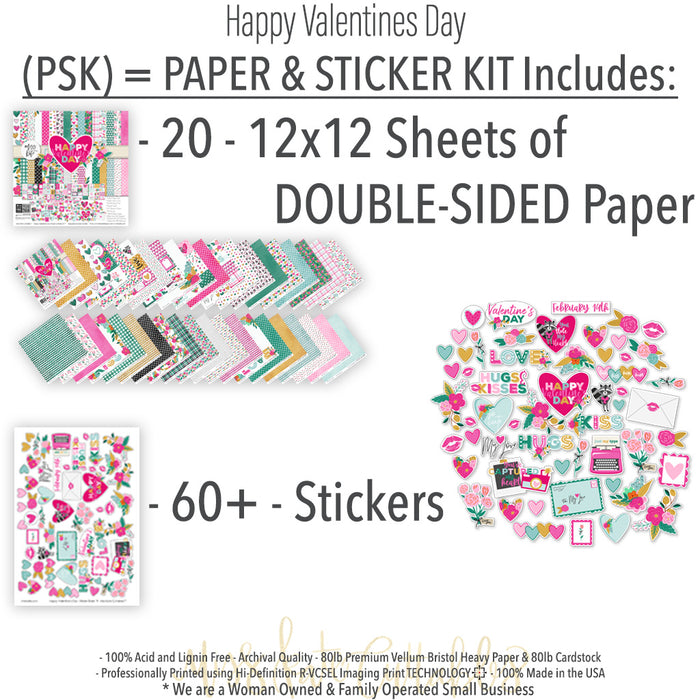 Happy Valentines Day Paper & Sticker Kit, includes image, showing 12x12 scrapbook paper and coordinating stickers for scrapbook layouts, photo albums, memory keeping, cards, and paper crafts. Buyer theme: Valentine 12x12 Scrapbook Paper & Stickers. 12x12 Happy Valentines Day Paper & Sticker Kit with romantic patterned papers, element cards and coordinating Valentine stickers. Color palette includes Hot pink, blush pink, aqua, emerald teal, mustard gold, charcoal black and white