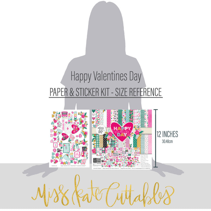 Happy Valentines Day Paper & Sticker Kit, size guide image, showing 12x12 scrapbook paper and coordinating stickers for scrapbook layouts, photo albums, memory keeping, cards, and paper crafts. Buyer theme: Valentine 12x12 Scrapbook Paper & Stickers. 12x12 Happy Valentines Day Paper & Sticker Kit with romantic patterned papers, element cards and coordinating Valentine stickers. Color palette includes Hot pink, blush pink, aqua, emerald teal, mustard gold, charcoal black and white