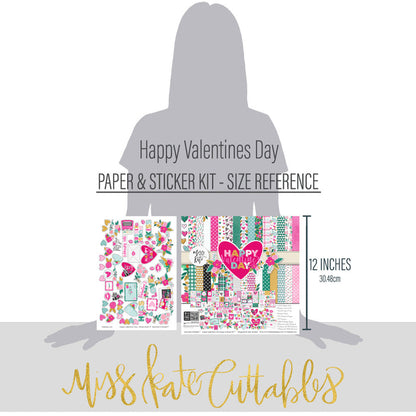 Happy Valentines Day Paper & Sticker Kit, size guide image, showing 12x12 scrapbook paper and coordinating stickers for scrapbook layouts, photo albums, memory keeping, cards, and paper crafts. Buyer theme: Valentine 12x12 Scrapbook Paper & Stickers. 12x12 Happy Valentines Day Paper & Sticker Kit with romantic patterned papers, element cards and coordinating Valentine stickers. Color palette includes Hot pink, blush pink, aqua, emerald teal, mustard gold, charcoal black and white