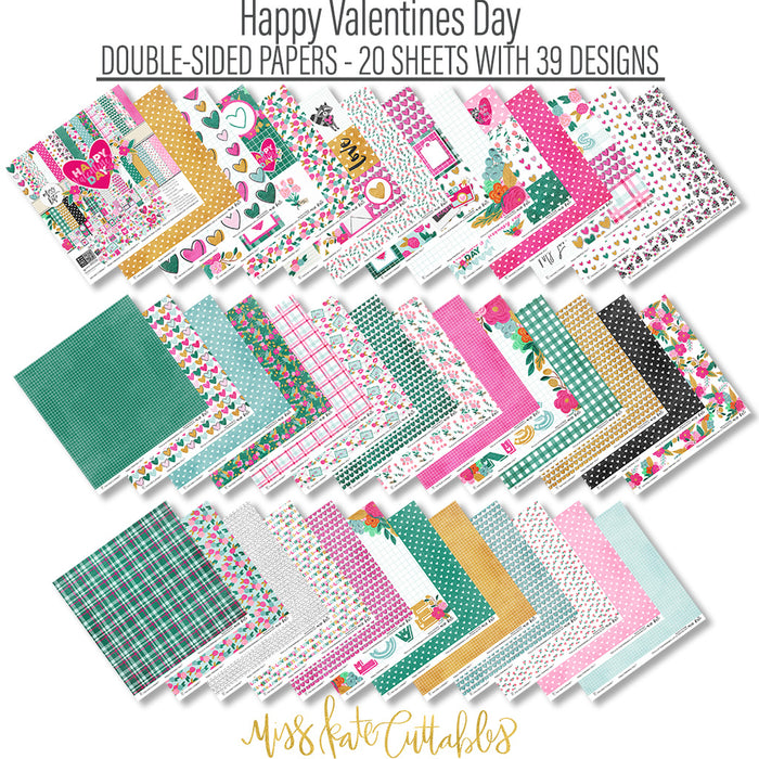 Happy Valentines Day Paper & Sticker Kit, paper and sticker kit spread out image, showing 12x12 scrapbook paper and coordinating stickers for scrapbook layouts, photo albums, memory keeping, cards, and paper crafts. Buyer theme: Valentine 12x12 Scrapbook Paper & Stickers. 12x12 Happy Valentines Day Paper & Sticker Kit with romantic patterned papers, element cards and coordinating Valentine stickers