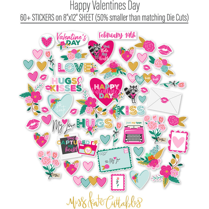 Happy Valentines Day Stickers, alternate sticker sheet spread out image, showing coordinating scrapbook stickers for layouts, planners, journals, cards, memory albums, titles, and quick finishing details. Buyer theme: Valentine Stickers for Planners & Scrapbooks. Happy Valentines Day 8x12 sticker sheet with more than 60 coordinating Valentine hearts, florals, love notes and romantic icons. Color palette includes Hot pink, blush pink, aqua, emerald teal, mustard gold, charcoal black and white